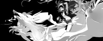 1girl 1other artist_request bare_shoulders baseball_cap claws denim denim_shorts dragon floating_hair gen_5_pokemon hat high_ponytail highres hilda_(pokemon) holding holding_poke_ball legendary_pokemon long_hair looking_up monochrome navel nintendo open_mouth poke_ball poke_ball_(basic) poke_ball_print pokemon pokemon_bw ponytail reshiram riding riding_pokemon shorts simple_background solo tail thick_thighs thighs wings