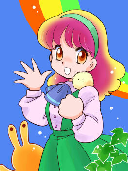 1girl absurdres alien aoi-chan_panic! ascot blue_ascot commentary_request creature creature_on_shoulder green_hairband green_skirt hairband hands_up hayakawa_aoi_(aoi-chan_panic!) highres holgruu kisaragi_miyuki leaf long_hair on_shoulder open_hand open_mouth puff_puff_(aoi-chan_panic!) puffy_sleeves rainbow red_eyes red_hair shirt skirt smile standing suspender_skirt suspenders takemoto_izumi_(style) waving white_shirt