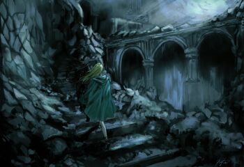 1boy 1girl arch armor black_hair blonde_hair bridge cassie_(shadow_slave) cloak commentary english_commentary floating_hair from_behind full_body highres hood hood_down hooded_cloak kyta_5 light_rays long_hair moonlight night shadow_slave short_hair stairs sunny_(shadow_slave) walking