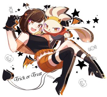 1girl :d alternate_costume black_footwear black_gloves black_shirt boots brown_eyes brown_hair commentary_request fang frills gen_8_pokemon gloria_(pokemon) gloves halloween hands_up heart high_heel_boots high_heels highres mocacoffee_1001 nintendo open_mouth pokemon pokemon_(creature) pokemon_sm raboot shirt shorts signature simple_background sleeveless sleeveless_shirt smile star_(symbol) tail thigh_strap trick_or_treat white_background wings