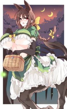 1girl absurdres animal_ears basket black_fur black_gloves braid breasts brown_hair centaur crescent_moon dress elbow_gloves foliage gloves green_dress highres holding holding_basket horse_ears kagami_toufu large_breasts monster_girl moon multiple_moons original red_eyes solo taur underboob