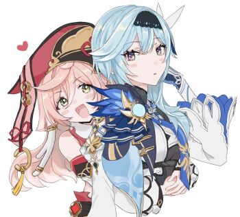 2girls :d antlers bare_shoulders blue_hair blue_neckwear blush_stickers breasts cropped_torso detached_sleeves eula_(genshin_impact) genshin_impact gloves green_eyes hairband half-closed_eyes happy hat heart horns hug hug_from_behind long_sleeves medium_breasts multiple_girls open_mouth pink_hair simple_background smile sushi_171 white_background wide_sleeves yanfei_(genshin_impact)