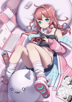 1girl absurdres akemiya_genma artist_name bean_bag_chair black_camisole black_shorts blue_eyes boots breasts camisole can cellphone computer crop_top cushion glowing hair_ornament handheld_game_console headphones headphones_around_neck highres jacket laptop long_hair looking_at_viewer manga_(object) off_shoulder original phone pink_hair pink_jacket playing_games playstation_portable short_shorts shorts small_breasts smartphone socks solo strap_slip white_boots white_socks