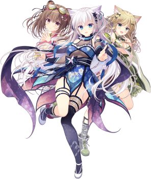 Rule 34 | 3girls, :d, animal ear fluff, animal ears, asymmetrical legwear, bare shoulders, black socks, black thighhighs, blonde hair, blue eyes, blue kimono, blue scarf, boots, breasts, brown eyes, brown hair, cat ears, cat girl, cleavage, closed mouth, detached sleeves, eyes visible through hair, fang, fingernails, fishnets, floating hair, floral print, floral print kimono, frilled kimono, frills, full body, garter straps, glint, goggles, goggles on head, green boots, green eyes, green kimono, hair between eyes, hair ornament, hands up, highres, holding, holding shuriken, holding weapon, japanese clothes, kimono, kneehighs, lace-up boots, large breasts, long hair, long sleeves, looking at viewer, makibishi nanako, mismatched legwear, multiple girls, neko-nin exheart, nekoe chika, ninja, official art, open mouth, own hands together, print kimono, raccoon ears, raccoon girl, scarf, shoes, shuriken, sidelocks, simple background, skindentation, smile, smug, socks, standing, standing on one leg, steepled fingers, takano yuki (allegro mistic), thigh strap, thighhighs, thighs, third-party source, touka (neko-nin exheart), transparent background, twintails, v, v-shaped eyebrows, very long hair, weapon, white hair, white shoes, wide sleeves, x hair ornament