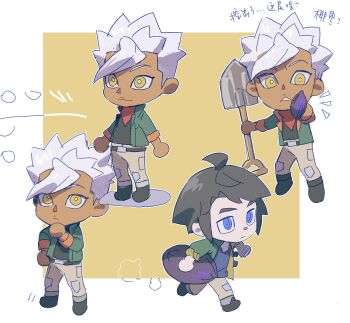 Rule 34 | 2boys, ahoge, animal crossing, black hair, blue eyes, border, bright pupils, closed mouth, commentary, conch, english commentary, gundam, gundam tekketsu no orphans, highres, holding, holding shovel, male focus, mikazuki augus, multiple boys, multiple views, nintendo, orga itsuka, running, short hair, shovel, sumooo (ga ilil), thinking, white border, white hair, white pupils, yellow eyes