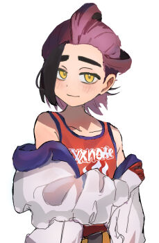 Rule 34 | 1boy, absurdres, bare shoulders, black hair, blush, chihiro mo sushi, closed mouth, gloves, hand on own arm, highres, jacket, kieran (pokemon), long sleeves, looking at viewer, male focus, mole, mole on neck, multicolored hair, nintendo, off shoulder, open clothes, open jacket, pokemon, pokemon sv, purple hair, red gloves, red tank top, simple background, solo, tank top, upper body, white background, white jacket, yellow eyes