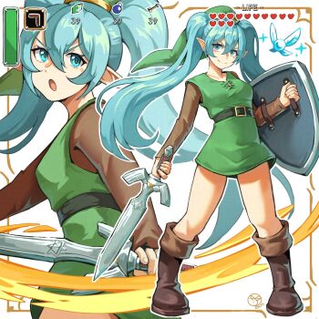 1girl aqua_eyes aqua_hair artist_logo belt boots brown_boots commentary cosplay english_commentary fire green_hat green_tunic hat hatsune_miku heart highres holding holding_shield holding_sword holding_weapon link link_(cosplay) lo_kyu logo long_hair multiple_views navi nintendo pointy_ears shield standing sword the_legend_of_zelda the_legend_of_zelda:_a_link_to_the_past the_legend_of_zelda:_ocarina_of_time triforce tunic twintails user_interface vocaloid weapon