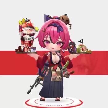 Rule 34 | 1girl, 3d, animated, audible speech, black skirt, blue hairband, blush, bouncing breasts, breasts, cake, chibi, cleavage, collarbone, cookie, facing viewer, fang, food, goddess of victory: nikke, hair ornament, hair stick, hairband, hairclip, hakama, hakama skirt, happy, heart, highres, holding, holding tray, japanese audio, japanese clothes, jewelry, kimono, large breasts, long hair, mast (nikke), mast (romantic maid) (nikke), mast (romantic maid) (tea service) (nikke), morgan (nikke), necklace, official alternate costume, open mouth, pink hair, ponytail, red kimono, simple background, skin fang, skirt, smile, solo, sound, tagme, tray, video, wide hips