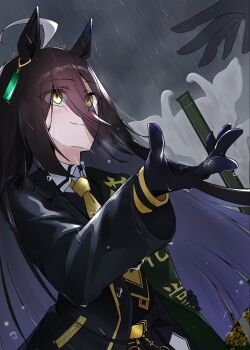 1girl 1other ahoge animal_ears black_coat black_gloves black_hair blush closed_mouth cloud cloudy_sky coat collared_shirt ear_tag earrings gloves hair_between_eyes highres horse_ears horse_girl jewelry long_bangs long_hair long_hair_between_eyes long_sleeves manhattan_cafe_(creeping_black)_(umamusume) manhattan_cafe_(umamusume) multicolored_hair naegi_happy necktie open_clothes open_coat outdoors rain shirt single_earring sky smile solo_focus umamusume very_long_hair white_hair yellow_eyes yellow_necktie