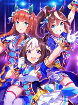 3girls absurdres animal_ears aqua_eyes artist_request back_bow belt blue_bow blue_corset blue_dress blue_eyes blue_necktie blue_wrist_cuffs blunt_bangs bow braid breasts brown_hair buttons clenched_hand corset cowboy_shot dot_nose dress dress_shirt ear_bow ear_covers ear_ornament eyelashes frilled_skirt frills game_cg glorious_azure_costume_(umamusume) gloves grin hair_bow hair_ornament hair_ribbon hairband half_up_braid hand_on_own_chest happy high_ponytail highres horse_ears horse_girl idol light_blush long_hair medium_breasts miniskirt multicolored_hair multiple_girls necktie o-ring o-ring_belt official_art open_mouth orange_hair outdoors outstretched_arm pink_bow ponytail purple_eyes purple_ribbon ribbon shirt shirt_under_dress short_sleeves sidelocks silence_suzuka_(umamusume) skirt smile sparkle special_week_(umamusume) stage stage_lights standing studded_belt tareme thighhighs tokai_teio_(umamusume) tsurime two-tone_hair umamusume very_long_hair waving white_gloves white_hair white_hairband white_shirt white_skirt white_thighhighs wrist_cuffs yellow_belt