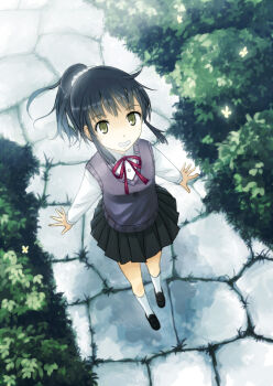 1girl bad_id bad_pixiv_id black_hair blush bush cobblestone female_focus foreshortening from_above grin long_hair looking_at_viewer looking_up original path pleated_skirt ribbon road school_uniform skirt smile solo sweater_vest yakka yellow_eyes