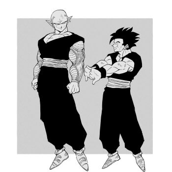 2boys antennae bald border dougi dragon_ball dragonball_z full_body grey_background highres living_(nsiring) male_focus multiple_boys muscular muscular_male no_eyebrows piccolo pointy_ears short_hair simple_background son_gohan spiked_hair white_border