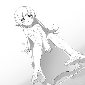 1girl :o bath_stool blush_stickers collarbone completely_nude convenient_censoring dot_nose dutch_angle feet flat_chest flipped_hair from_below full_body gradient_background grey_background greyscale hair_between_eyes hair_flaps highres looking_at_viewer monochrome monogatari_(series) nude open_mouth oshino_shinobu pointy_ears ringed_eyes sidelocks signature sitting soap_bubbles soap_censor soles solo stool toes v_arms white_background youyueyue