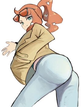 1girl aqua_eyes aqua_shirt ass black-framed_eyewear brown_coat coat denim eyewear_on_head hair_ornament heart heart_hair_ornament highres jeans long_hair midriff nintendo orange-tinted_eyewear orange_hair pants pokemon pokemon_sword_and_shield ribbed_shirt shirt side_ponytail side_ponytail_with_hair_base smile solo sonia_(pokemon) sunglasses swept_bangs tikuwabu_33 tinted_eyewear