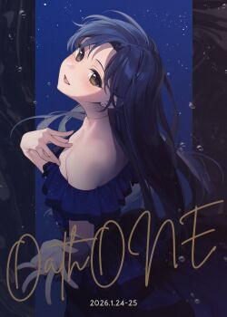 1girl absurdres air_bubble bare_shoulders blue_dress blue_hair brown_eyes bubble commentary_request dress earrings fingernails frilled_dress frills from_side head_tilt highres idolmaster idolmaster_(classic) jewelry kisaragi_chihaya long_hair looking_at_viewer looking_to_the_side nozawa_noko open_mouth outstretched_hand shaft_look solo upper_body