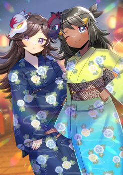 Rule 34 | 2girls, ;), absurdres, black hair, blue kimono, blurry, blurry background, brown hair, closed mouth, commentary, commission, commissioner upload, dark-skinned female, dark skin, english commentary, floral print, floral print kimono, fran (arachnos), gen 5 pokemon, green kimono, grey eyes, highres, hisuian zoroark, japanese clothes, kimono, kou hiyoyo, long hair, long sleeves, looking at viewer, mask, mask on head, multiple girls, nintendo, obi, one eye closed, original, outdoors, pokemon, pokemon infinite fusion, print kimono, purple eyes, rhea (stryker324), sash, skeb commission, smile, yukata, zoroark