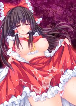 1girl :q ascot blush bow breasts brown_hair clothes_lift commentary_request cum_on_skirt detached_sleeves drooling frilled_bow frilled_hair_tubes frilled_skirt frills hair_bow hair_tubes hakurei_reimu lifting_own_clothes long_hair looking_at_viewer manma_(manmamia) nipples panties pink_panties red_bow red_eyes red_skirt ribbon-trimmed_sleeves ribbon_trim saliva shirt_lift skirt skirt_lift skirt_set solo tongue tongue_out touhou underwear yellow_ascot