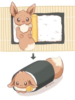 :3 :d animal_focus arrow_(symbol) commentary ears_down eevee egg_(food) ehoumaki food gen_1_pokemon in_food kana_(maple926) looking_at_viewer lying makisu makizushi nintendo no_humans on_back on_stomach open_mouth pokemon pokemon_(creature) rice sequential smile sushi twitter_username white_background