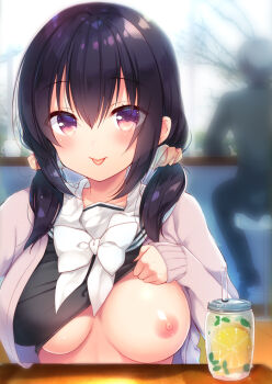 1girl :p black_hair breasts clothes_lift drinking_straw exhibitionism female_focus flashing food fruit hair_between_eyes large_breasts lemon lifting_own_clothes long_hair long_sleeves low_twintails mint nipples oppai_challenge original presenting_breasts public_indecency purple_eyes sazaki_ichiri school_uniform scrunchie serafuku shirt_lift solo solo_focus table tongue tongue_out twintails