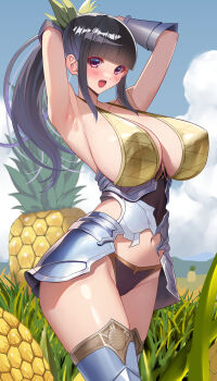 :d absurdres akihiro0920 armor armpits arms_up bikini_armor black_hair blue_sky blunt_bangs blush breasts brown_eyes cloud commentary_request day food fruit hair_ribbon highres large_breasts long_hair navel open_mouth original outdoors pineapple ponytail ribbon sideboob sidelocks sky smile standing warrior