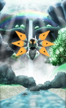 absurdres alternate_color area_zero commentary_request detached_wings eji floating full_body grass highres iron_moth nintendo non-humanoid_robot outdoors pokemon pokemon_(creature) pokemon_focus rainbow robot rock shiny_pokemon solo straight-on tree water waterfall wings