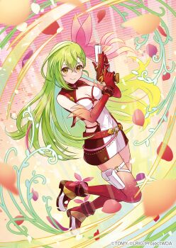 1girl bow closed_mouth copyright_notice dress elbow_gloves gloves green_eyes green_hair gun hair_bow highres holding holding_gun holding_weapon long_hair looking_at_viewer mel_(wixoss) official_art peron_(niki2ki884) pink_bow red_gloves red_shoes shoes solo thigh_strap very_long_hair weapon white_dress wixoss