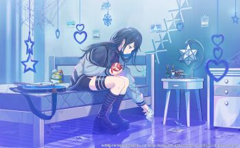 Rule 34 | 1girl, analogous colors, apple, apple peel, artist collaboration, bass guitar, bed, bed frame, bedroom, black choker, black hair, black ribbon, black shoes, black skirt, blue nails, blue theme, cable, choker, collared shirt, colorful palette, commentary request, cool colored, cross-laced shoes, curtains, cymbals, desk lamp, drum, drum set, earrings, electric guitar, fender jazz bass, fender telecaster, fingernails, food, fruit, game cg, grey eyes, grey jacket, grey shirt, grey shoes, guitar, half-closed eyes, heart, highres, holding, holding food, holding fruit, hoshino ichika (project sekai), indoors, instrument, jacket, jewelry, keyboard (instrument), kneehighs, kuwabara (mola 8), lamp, leaning forward, loafers, long hair, looking down, mattress, multiple thigh straps, neck ribbon, nightstand, no seek no find (project sekai), official alternate costume, official art, on bed, open clothes, open jacket, origami, paper airplane, paper crane, parted lips, phenny (project sekai), photo (object), platform shoes, profile, project sekai, purple theme, ribbon, ripples, sad, shadow, shallow water, shirt, shoes, side slit, silk, sitting, skirt, small stellated dodecahedron, socks, solo, spider web, spider web print, star (symbol), striped clothes, striped socks, stuffed animal, stuffed toy, swept bangs, tape, thigh strap, two-tone legwear, water, water drop, wet, wooden floor