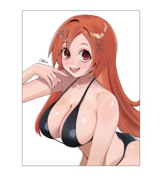 1girl artist_name bare_shoulders bikini black_bikini bleach border breasts brown_eyes chesshiire collarbone female_focus hair_ornament hairclip inoue_orihime large_breasts long_hair open_mouth orange_hair paid_reward_available shiny_skin simple_background snowflake_hair_ornament swimsuit teeth tongue upper_teeth_only white_border