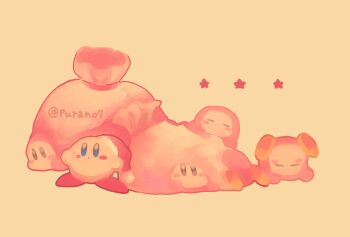:o artist_name bag blush_stickers closed_mouth colored_skin hat highres kirby kirby_(series) nintendo no_humans orange_theme pink_skin purano7 red_shoes santa_hat shoes simple_background star_(symbol) warm_colored yellow_background yellow_shoes