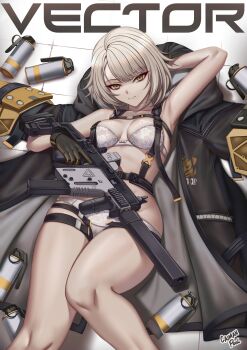 1girl absurdres artist_name black_gloves black_jacket bra breasts breasts_apart brown_eyes brown_hair caiman_pool character_name explosive girls'_frontline girls'_frontline_2:_exilium gloves grenade gun highres hood hooded_jacket jacket kriss_vector looking_at_viewer lying medium_breasts on_back panties short_hair solo submachine_gun suppressor underwear unworn_jacket vector_(girls'_frontline) vector_(girls'_frontline_2) weapon white_bra white_panties