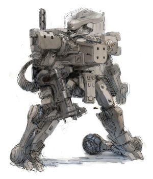 absurdres ammunition_belt clenched_hand code_geass gun highres holding holding_gun holding_weapon knightmare_frame looking_to_the_side mecha no_humans production_art robot science_fiction shadow sketch standing sutherland_(code_geass) weapon white_background yasuda_akira