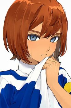 1boy alternate_hairstyle arm_up blue_eyes brown_hair closed_mouth clothes_grab dame! double-parted_bangs hair_between_eyes hair_down inazuma_eleven_(series) inazuma_eleven_go looking_at_viewer male_focus matsukaze_tenma shirt shirt_grab short_hair simple_background soccer_uniform solo sportswear sweat upper_body white_background white_shirt wiping_face