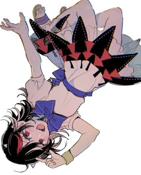 1girl arrow_print black_hair blush bow bowtie commentary_request cone_horns dress grey_horns highres horns kijin_seija looking_at_viewer mozukuzu_(manukedori) multicolored_dress multicolored_hair open_mouth puffy_short_sleeves puffy_sleeves purple_bow purple_bowtie red_eyes red_hair sandals short_sleeves simple_background small_horns smile solo streaked_hair touhou upside-down white_background white_dress white_hair