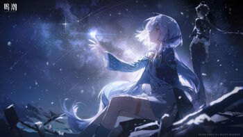 1boy 1girl black_hair black_jacket black_pants bow bowtie closed_mouth commentary_request dress grey_dress grey_hair hand_up highres jacket logo long_hair looking_up male_rover_(wuthering_waves) mornye_(wuthering_waves) night o0oherb official_art orange_bow orange_bowtie outdoors outstretched_arm pants red_eyes rover_(wuthering_waves) school_uniform sitting sky solo standing star_(sky) starry_sky tacet_mark_(wuthering_waves) thighhighs very_long_hair white_thighhighs wuthering_waves