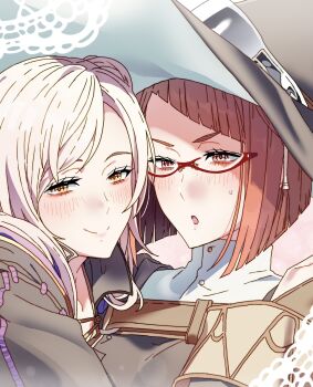 2girls :o blush bob_cut brown_eyes closed_mouth diagonal_bangs female_robin_(fire_emblem) fire_emblem fire_emblem_awakening glasses hat highres hug miriel_(fire_emblem) multiple_girls nintendo red-framed_eyewear red_hair semi-rimless_eyewear smile tsujii_luki under-rim_eyewear white_hair witch_hat