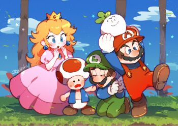 1girl 2boys arms_up black_hair blonde_hair blue_sky boots brown_boots brown_hair cloud commentary crown day dress earrings facial_hair gloves green_hat hanaon hat highres holding jewelry kneeling long_hair luigi mario mario_(series) multiple_boys mustache nintendo open_mouth outdoors overalls pink_dress princess_peach radish red_hat sky solid_circle_eyes standing super_mario_bros._2 toad_(mario) twitter_username