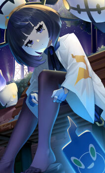 1girl absurdres blackcaaaat chandelure gen_5_pokemon gwynn_(pokemon) highres nintendo pokemon pokemon_(creature) pokemon_legends:_z-a purple_eyes purple_hair short_hair