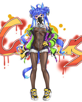 1girl absurdres ahoge animal_ears aqua_hair black_bodysuit blue_eyes blue_hair bodysuit boots bow breasts brown_leggings coat covered_mouth crossed_bangs delinquent ear_covers heterochromia highres holding hood hooded_coat hoodie horse_ears horse_girl horse_tail jacket leggings long_hair long_sleeves looking_at_viewer mask mask_pull mouth_mask multicolored_coat multicolored_hair multicolored_hoodie purple_eyes skin_tight small_breasts solo tail twin_turbo_(blast_mode!_turbo_engine)_(umamusume) twin_turbo_(umamusume) twintails umamusume yellow_boots yingjian