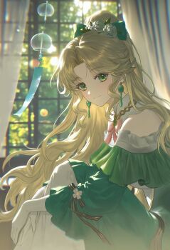 1girl ao_(ao_alice22) arena_of_valor bell blonde_hair commentary_request dress flower green_dress hair_flower hair_ornament hairpin highres long_dress lord_of_the_mysteries on_floor sitting solo window