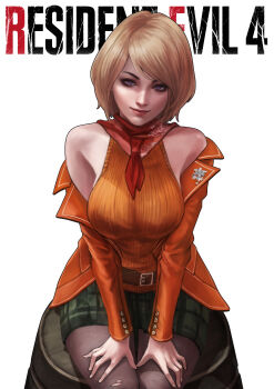1girl absurdres ashley_graham bare_shoulders belt black_pantyhose blonde_hair blue_eyes bob_cut breasts brown_belt closed_mouth commentary copyright_name english_commentary green_skirt hands_on_own_legs highres jacket jewelry large_breasts looking_at_viewer monori_rogue open_clothes open_jacket orange_sweater orange_sweater_vest pantyhose plaid_clothes plaid_skirt red_scarf resident_evil resident_evil_4 resident_evil_4_(remake) scarf short_hair simple_background skirt sleeveless sleeveless_turtleneck sleeveless_turtleneck_sweater smile solo sweater sweater_vest torn_clothes torn_pantyhose turtleneck turtleneck_sweater white_background