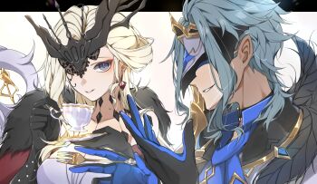 Rule 34 | 1boy, 1girl, absurdres, bare shoulders, black gloves, blonde hair, blue gloves, blue hair, cup, dottore (genshin impact), dress, earrings, elbow gloves, fork, fur trim, genshin impact, gloves, gold trim, grey eyes, highres, holding, holding cup, holding fork, jewelry, lipstick, long hair, looking at another, makeup, mask, mask on head, mask over one eye, moderate gold, multicolored gloves, signora (genshin impact), smile, strapless, strapless dress, teeth, two-tone gloves, white background, white dress