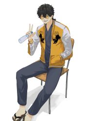 Rule 34 | 1boy, black hair, bottle, chair, glasses, hand in pocket, highres, jacket, multicolored clothes, multicolored jacket, open mouth, pants, round eyewear, s m n 325, sandals, shadow, sitting, solo, togame jou, two-tone jacket, water bottle, wind breaker (nii satoru)