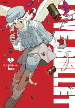 1girl angel_wings beret braid brown_shoes explosive fingerless_gloves gloves grenade grenade_pin_in_mouth hat highres holding holding_grenade ineesan kanna_(love-bullet) knee_pads load_bearing_vest loafers long_sleeves looking_at_viewer love-bullet official_art red_eyes shell_casing shoes socks solo white_hair white_socks white_wings wings