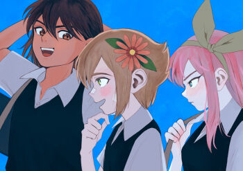 1girl 2boys alternate_costume aubrey_(faraway)_(omori) aubrey_(omori) bag bandaid bandaid_on_face bandaid_on_nose basil_(faraway)_(omori) basil_(omori) black_sweater_vest blonde_hair blue_background blue_eyes blue_hairband blush brown_eyes brown_hair collared_shirt commentary_request cosplay duffel_bag flower hair_behind_ear hair_flower hair_ornament hairband kel_(faraway)_(omori) kel_(omori) long_hair looking_at_another msdnno_kabe multiple_boys omori open_mouth pink_hair shirt short_hair short_sleeves simple_background smile sunny_(omori) sunny_(omori)_(cosplay) sweater_vest teeth upper_teeth_only white_shirt