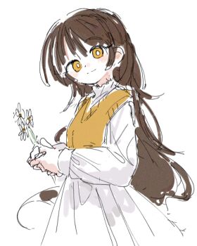 Rule 34 | 1girl, brown hair, commentary request, cowboy shot, dress, fleabane, flower, holding, holding flower, long hair, long sleeves, looking at viewer, osakanadream, saihate eki, simple background, sketch, solo, sweater vest, tenjiku aoi, vest, white background, white dress, white flower, yellow eyes, yellow vest