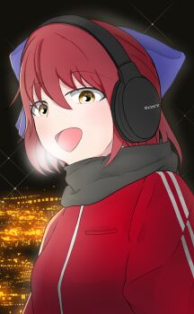 absurdres black_scarf blue_bow bow breast_pocket breath cityscape hair_bow headphones highres kohaku_(tsukihime) looking_at_viewer manaty_sw night open_mouth pocket red_hair red_track_suit scarf short_hair sky smile sony track_suit tsukihime yellow_eyes