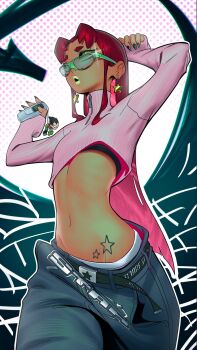 1girl belt character_charm charm_(object) dark-skinned_female dark_skin dc_comics denim dick_grayson earrings highres jeans jewelry lipstick makeup maniwarren outside_border pants phone red_hair robin_(dc) star_(symbol) star_earrings starfire sunglasses teen_titans turtleneck y2k_fashion zipper
