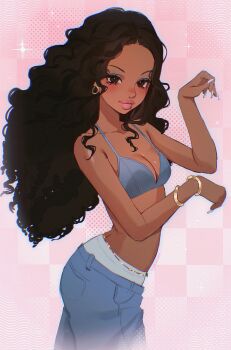 1girl absurdres aegyo_sal arms_up belly_chain blue_outline bracelet breasts brown_eyes brown_hair checkered_background cleavage closed_mouth collarbone cowboy_shot curled_fingers curly_hair dancing dark-skinned_female dark_skin denim earrings eyelashes eyeshadow face_piercing fingernails forehead from_side gold_bracelet gold_earrings grey_eyeshadow halftone halftone_background highres hoop_earrings jeans jewelry katseye light_blush light_particles light_smile long_fingernails long_hair looking_at_viewer makeup male_underwear male_underwear_peek manon_(katseye) medium_breasts noisykoala nose_piercing nose_ring outer_glow outline pants parted_bangs paw_pose piercing pink_background pink_theme sketch sparkle thick_lips underwear white_nails