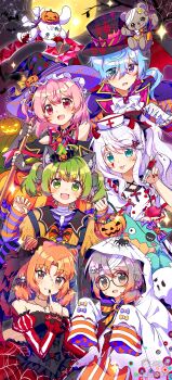 1boy 5girls :d absurdres ahoge animal_ear_fluff animal_ears bare_shoulders black_bow black_dress blue_eyes blue_hair blush bow cat_ears cat_girl cat_tail closed_mouth double-parted_bangs dress fang fang_out frilled_sleeves frills full_moon glasses gloves green_eyes green_hair grey_hair hair_between_eyes hair_bow hair_ornament halloween halloween_costume hand_up hat heterochromia highres holding holding_syringe hood hood_up horns long_hair long_sleeves looking_at_viewer monu_xialuote moon multiple_girls nurse_cap open_mouth orange_eyes orange_hair original parted_bangs pink_hair polka_dot_headwear purple_eyes purple_hat red_eyes red_horns round_eyewear short_hair skull_hair_ornament sleeves_past_fingers sleeves_past_wrists smile sparkle sweatdrop syringe tail white_gloves white_hair white_hat