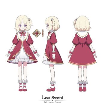 1girl aged_down artist_request blonde_hair bow center_frills closed_mouth commentary copyright_name dress elizabeth_pendragon_(lost_sword) frilled_wrist_cuffs frills grey_bow hair_bow highres lost_sword:_tales_of_britania multiple_views one_side_up purple_eyes red_dress red_shoes red_wrist_cuffs shoes white_background wrist_cuffs
